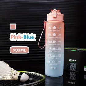 32oz/900mL Motivational Water Bottle With Straw & Time Marker; Daily Water Intake Bottle With Carrying Strap For Fitness Gym School Mountain Clim (Color: Pink-Blue)