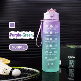 32oz/900mL Motivational Water Bottle With Straw & Time Marker; Daily Water Intake Bottle With Carrying Strap For Fitness Gym School Mountain Clim (Color: Purple-Green)