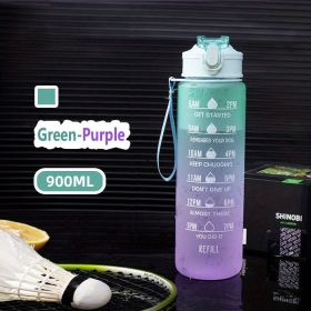 32oz/900mL Motivational Water Bottle With Straw & Time Marker; Daily Water Intake Bottle With Carrying Strap For Fitness Gym School Mountain Clim (Color: Green-Purple)